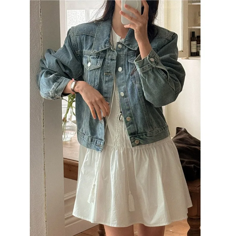 

Женский джинсовый топ с подплечниками и отложным воротником, свободный крой, шикарный топ, осень-зима, универсальный топ Faion Sweet And Sal