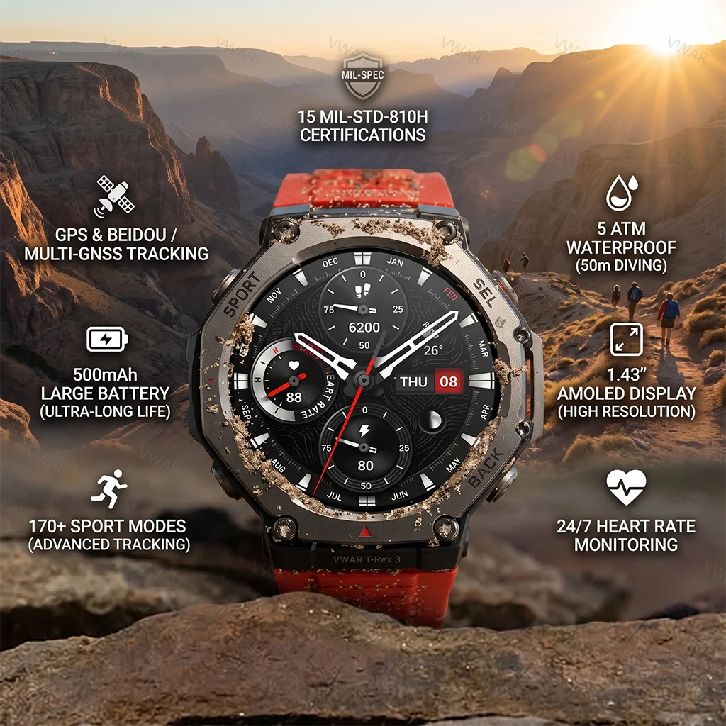 T-Rex 3 Ultra Rugged GPS Smart Watch For Men AMOLED Dual-band Outdoor 5ATM Waterproof Military Tactical Sport Watch 2026 New