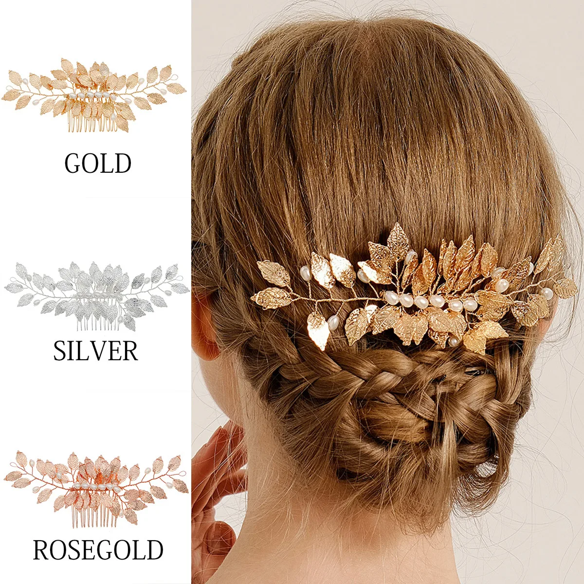 Bride Hairpins Tiaras Rhinestone Green Hair Combs For Women Fashion Beaded Golden Leaf Side Pins Bride Wedding Heapdiece Jewelry