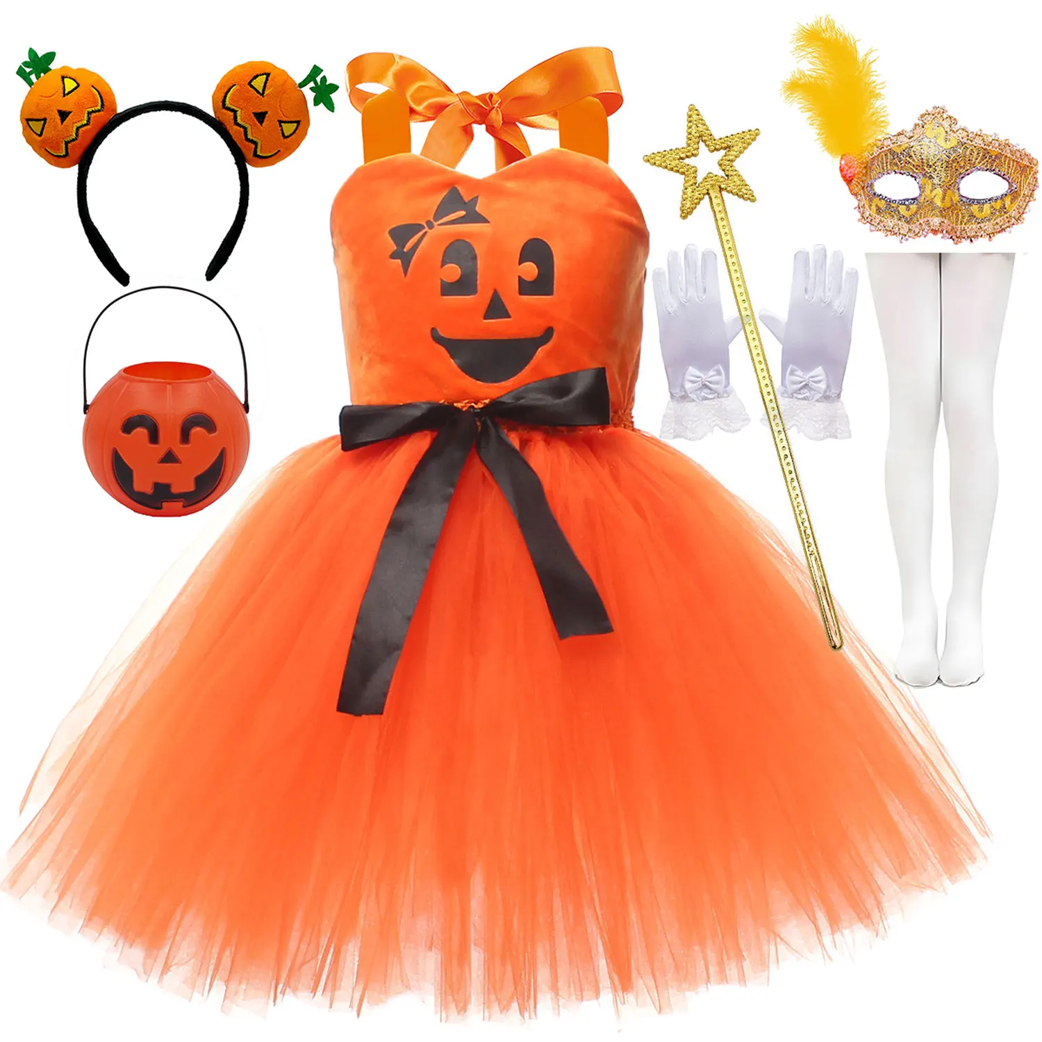 Halloween Carnival Pumpkin Shape Dress With Accessories Girls Festival Stage Performance Cute Yellow Witch Dress Set For 3‑12T