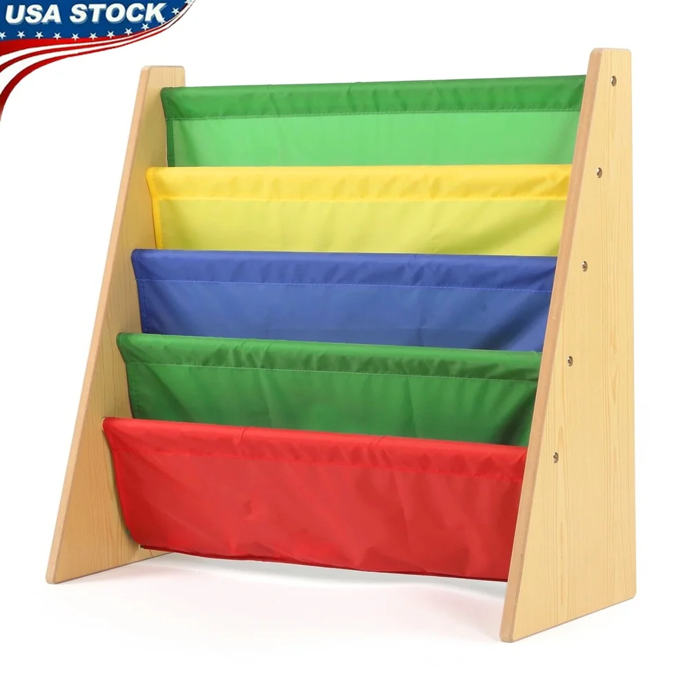 

Kids Bookshelf 4 Tier Book Organizer Toddler Storage Natural Wood Fabric Pockets Easy Clean Space-Saving Bookcase Children