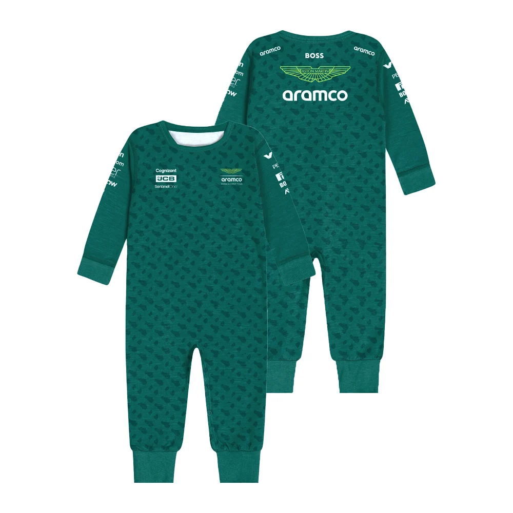 2024 New Aston Martin Aramco Cognizant F1 Baby Clothing Hot Selling Boys Girls Outdoor Sports Cycling Crawling Cotton Jumpsuit