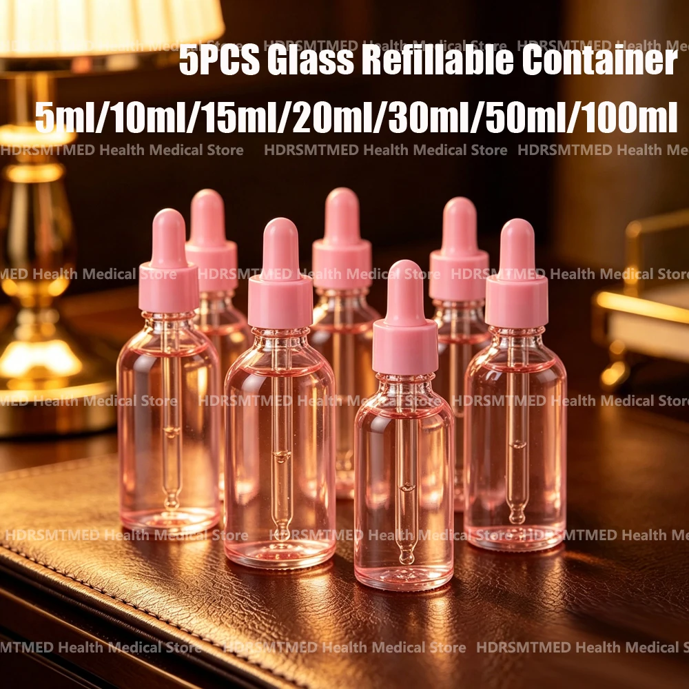 5PCS 5ml-100ml Pink Glass Dropper Bottle Translucence Essential Oil Aromatherapy Liquid Pipette Refillable Bottles Travel