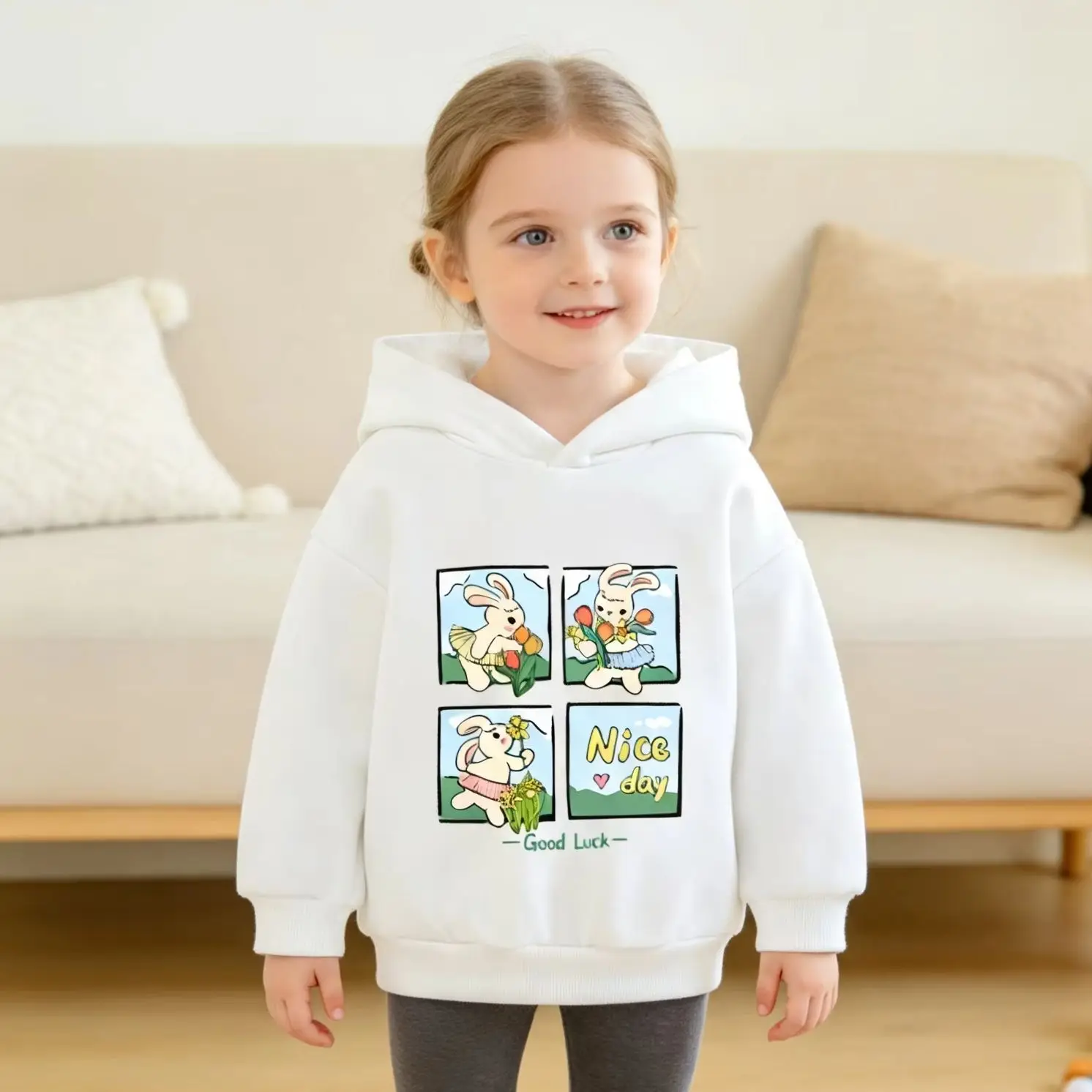 Fashion Girls' Hooded Pullover Sweatshirt with Cute Rabbit Patterns—Multiple Styles Available Children's Spring Casual Hoodies