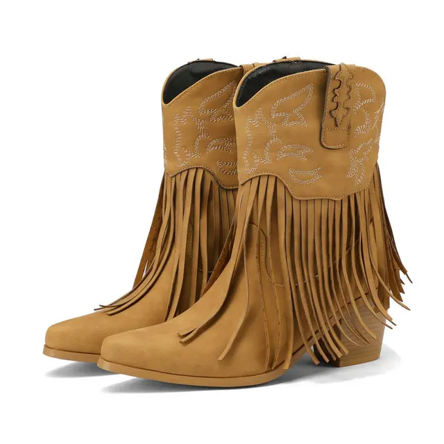 Botines de vaquero occidental Vintage, Botines de cuero nobuck con tacón de bloque y borlas, Botas femeninas sin cordones de talla grande para mujer
