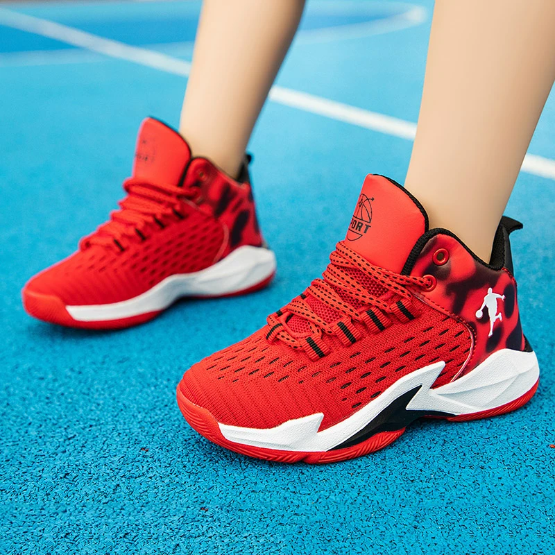 Hot Sale Red High Top Kids Basketball Sneakers Mesh Breathable Boy\'s Sports Shoes Non-Slip Wear Resistance Basketball Shoes Girl