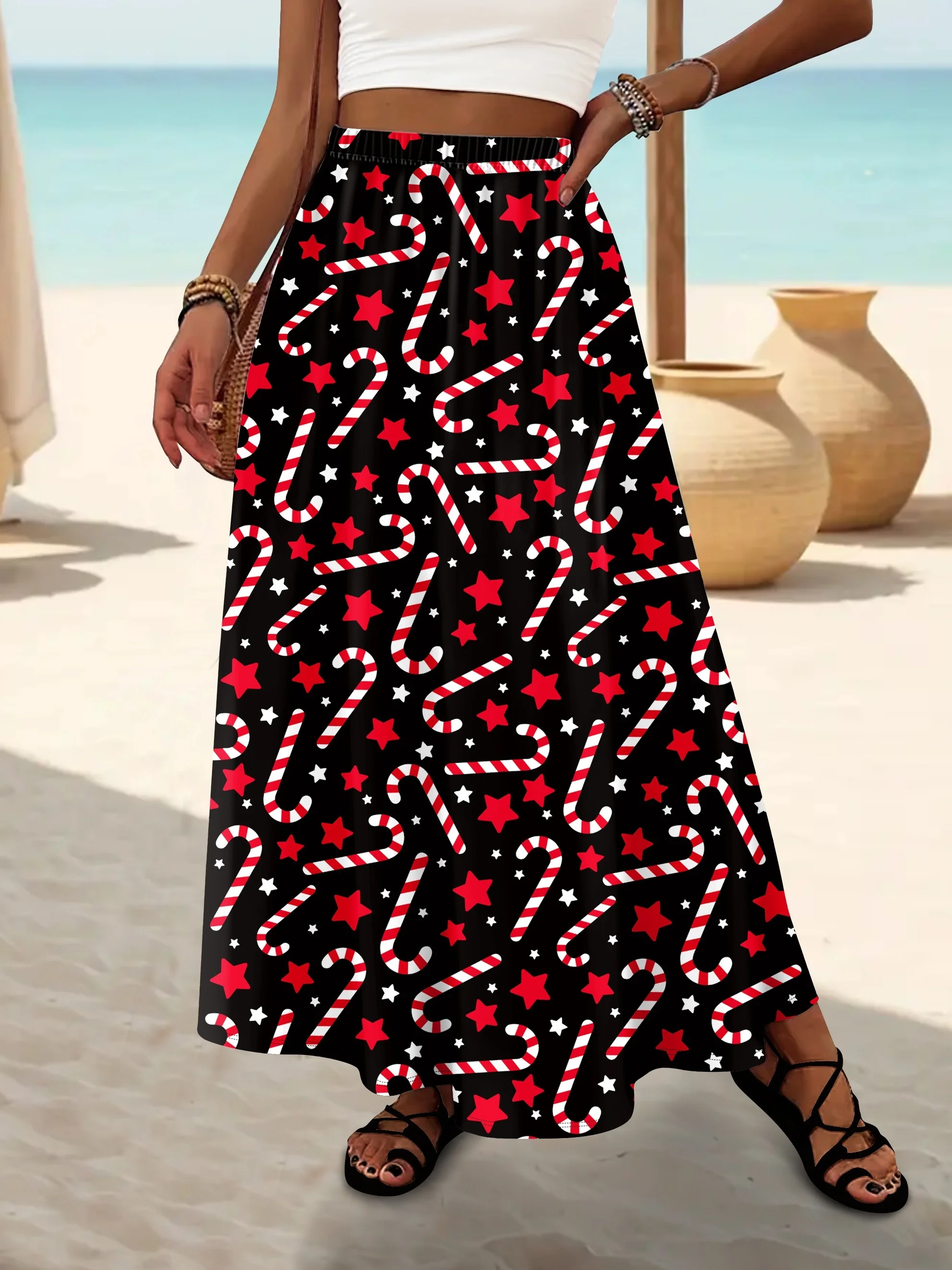 

Модная повседневная рождественская эластичная макси-юбка трапециевидной формы с высокой талией и принтом звезды