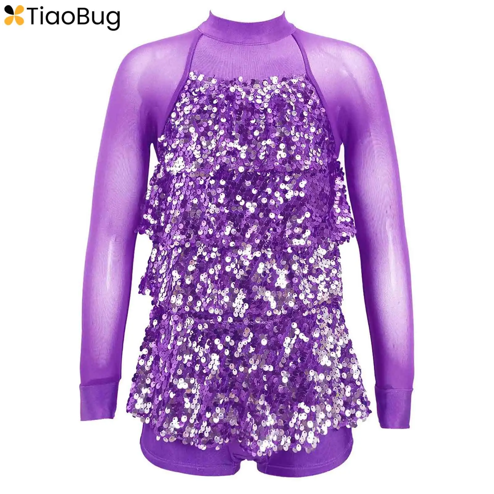 

Kids Girls Shiny Sequins Tiered Tassel Hip-Hop Jazz Latin Dance Leotard Tutu Dress Costume Ballerina Dancewear 2024 New