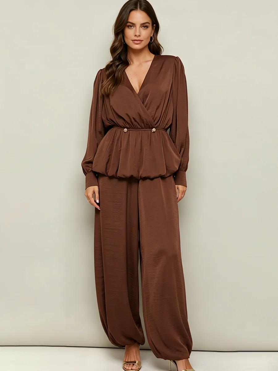 

LIMO Brown Satin V-Neck Long Sleeve Top & Wide Leg Pants Two Piece Set for Women