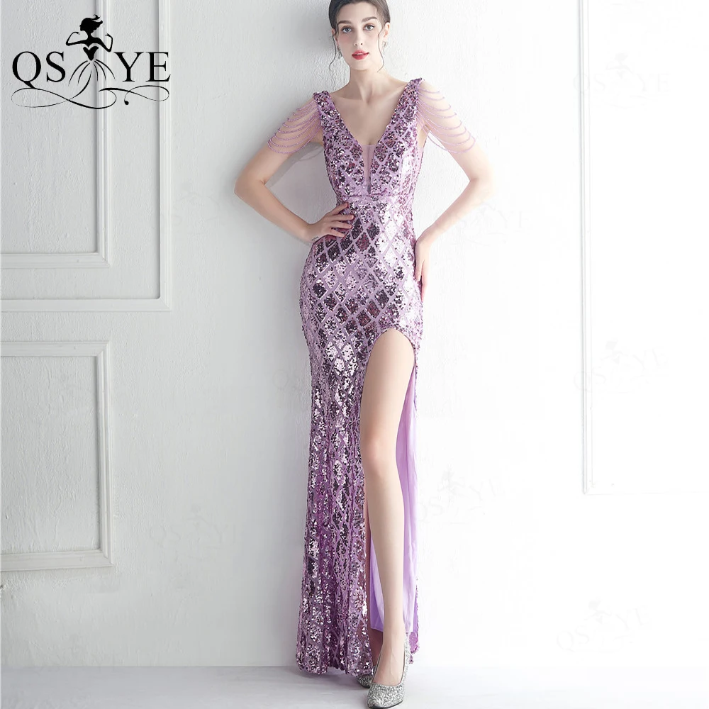 

Beading Shoulders Purple Prom Dresses Long Sparkle Diamond Sequin Lace Evening Gown V Neck Backless Sexy Split Party Dress Shiny