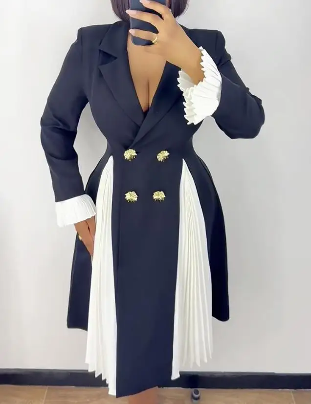 Colorblock – robe Blazer plissée à col cranté, manchette évasée, Double boutonnage, élégante, taille cintrée, ourlet évasé, pour les déplacements