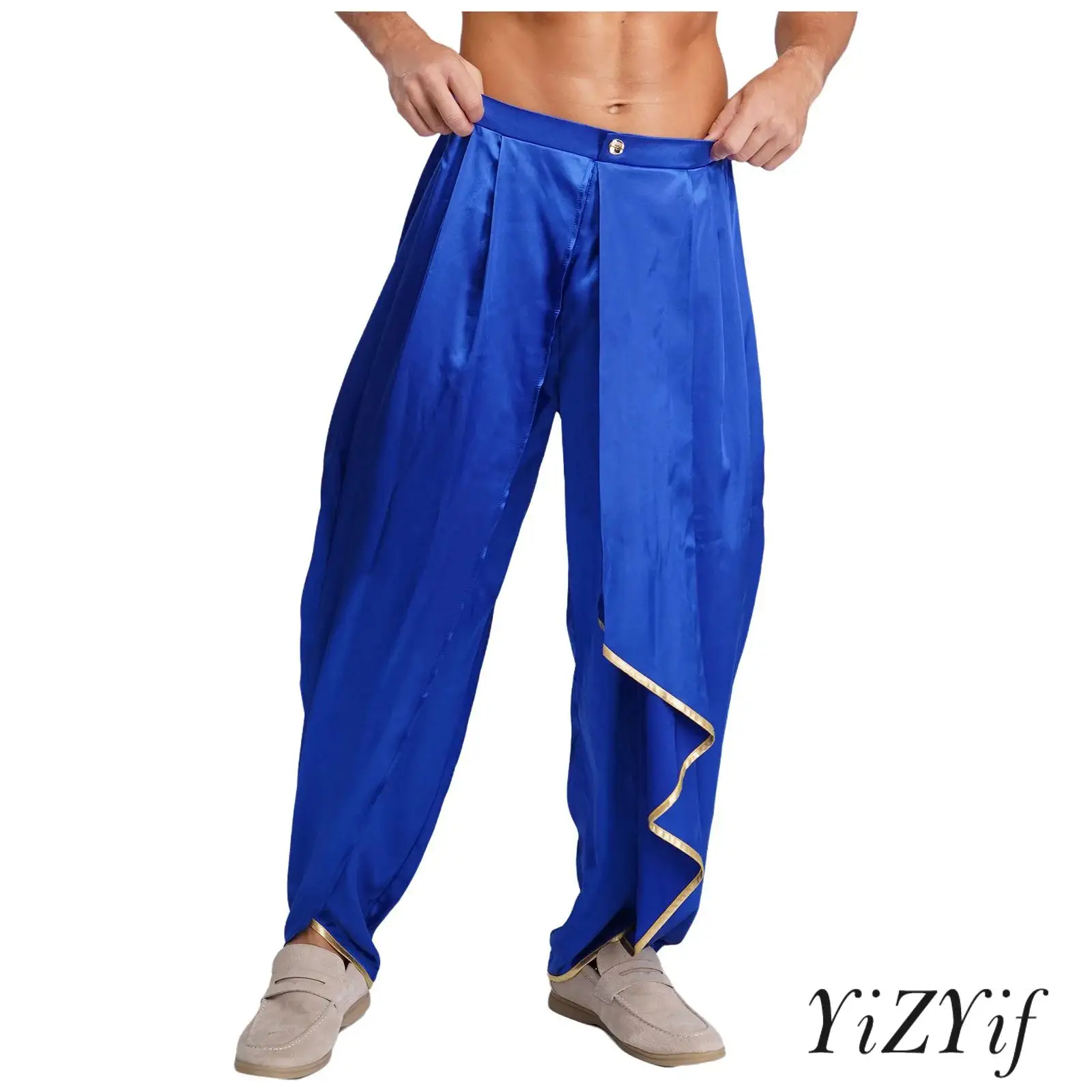 

Men Pleated Drapes Dhoti Pants Casual Elastic Back Waist Satin Baggy Trousers for Halloween Carnival Theme Party