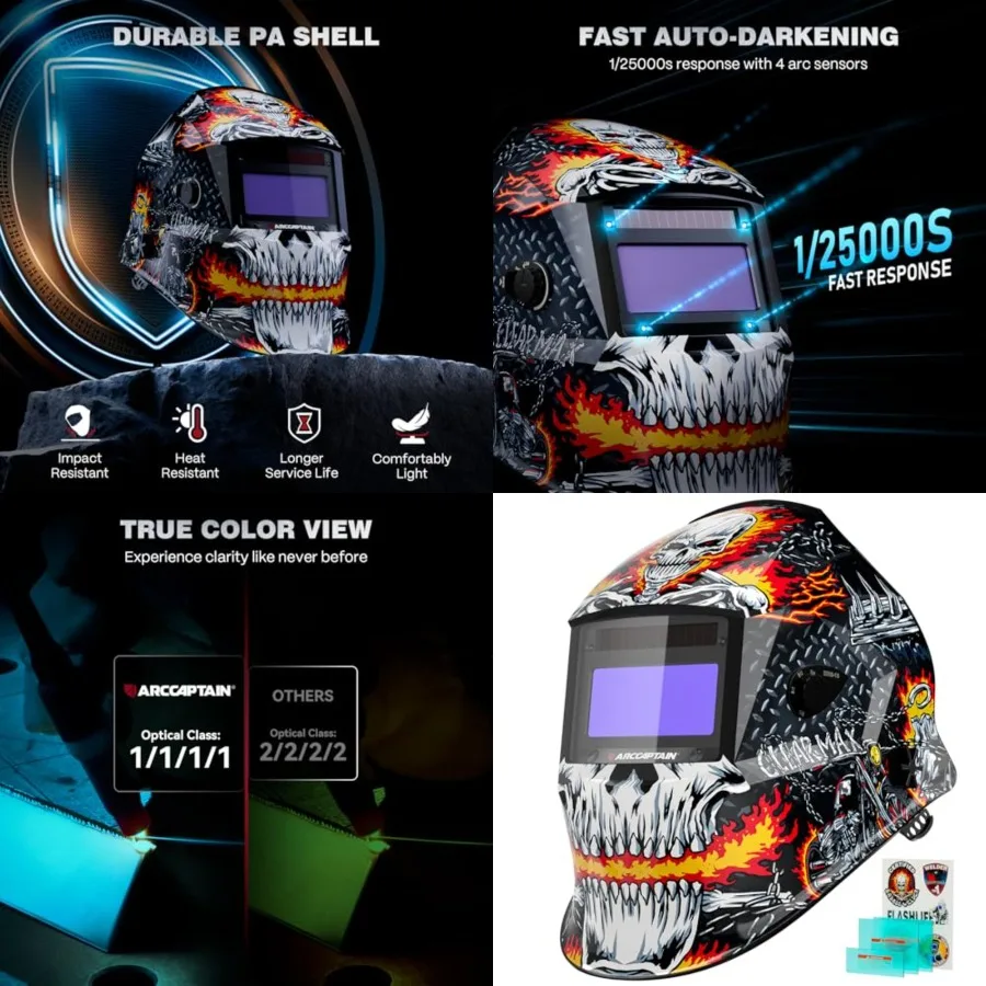 

Welding Helmet Auto Darkening, 1/1/1/1 True Color Welding Hood, 4 Arc Sensor 1/25000s Response Time Solar Powered Weld Hood Hel