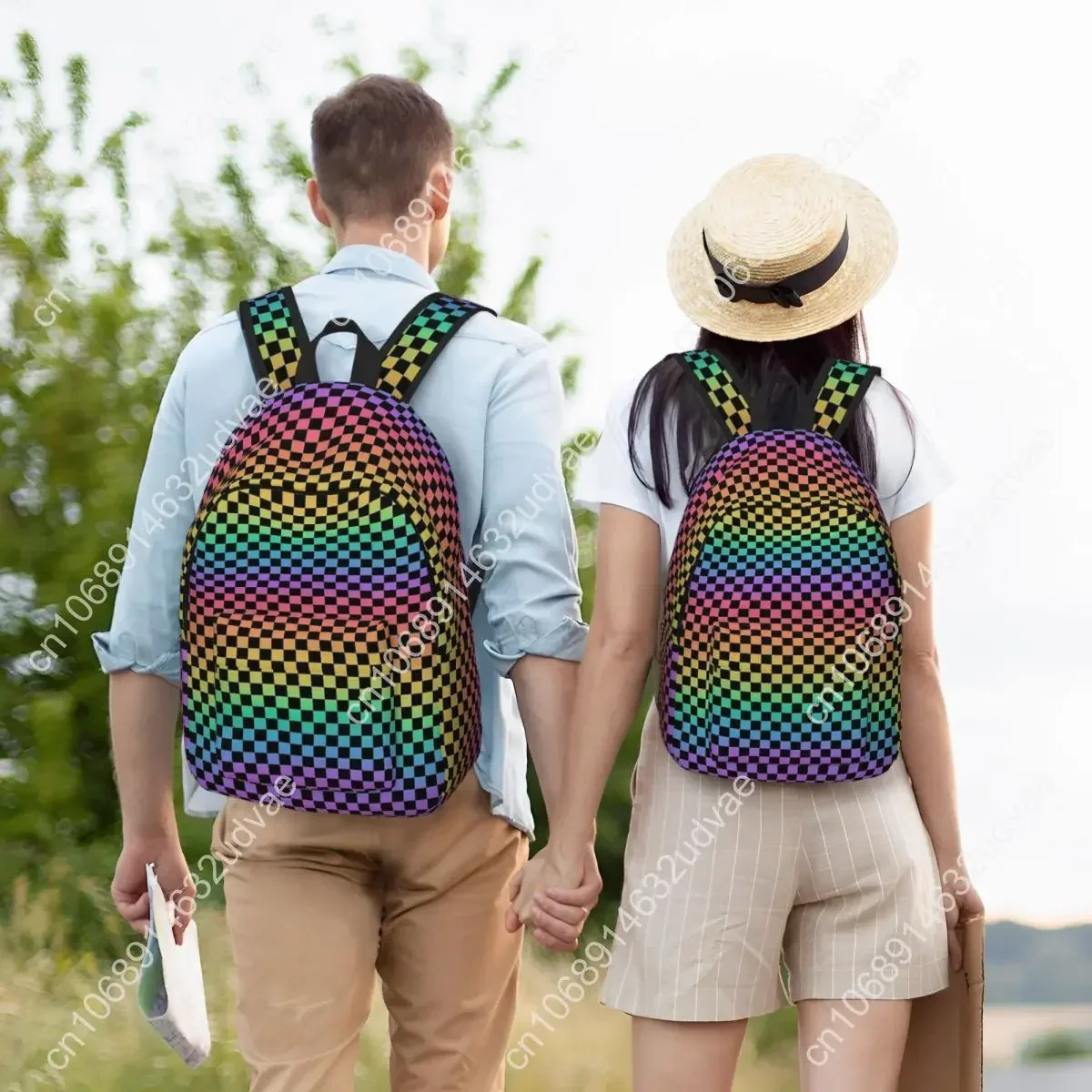 Plecak w tęczową i czarną szachownicę dla kobiet i mężczyzn, casualowy plecak do liceum, do pracy, plecak na co dzień, neonowy, kolorowy plecak na ramię do szkoły, na zewnątrz.