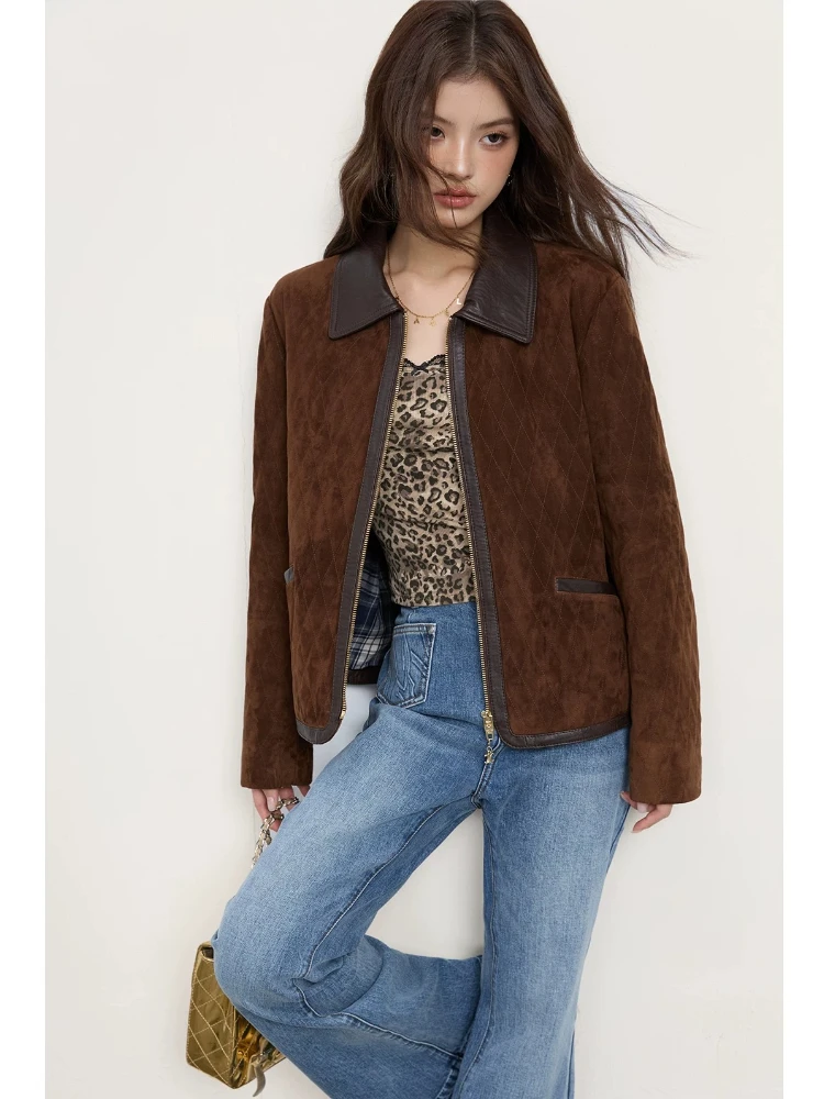 

Stylish Natural Leather Jacket For Women Short Retro Unti Suede Lambskin Contrasting Color High-end Sheepskin Leather Jacket