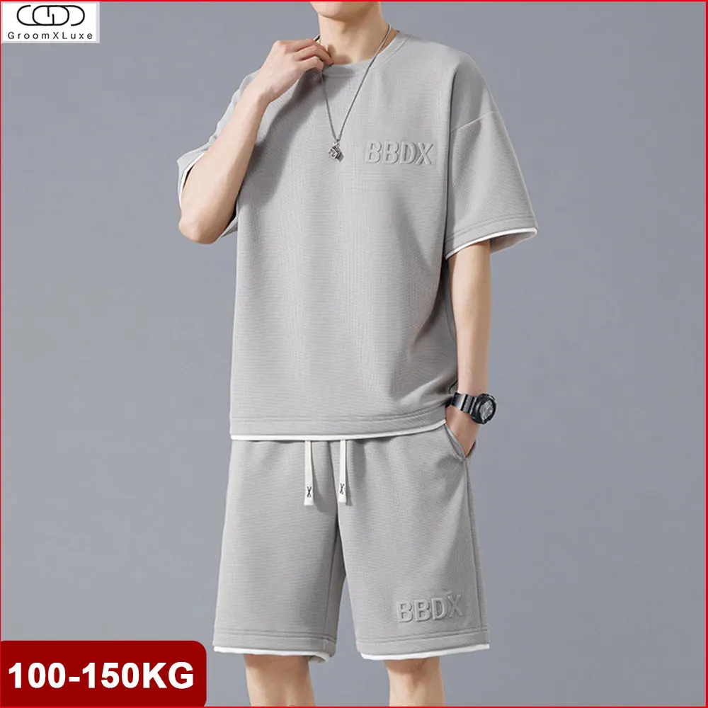 

GROOMXLUXE Oversized Sports Suits For Men's Sweatshirts Sets Casual T-Shirt Male Summer Short Tracksuit Plus Size Clothes 150KG