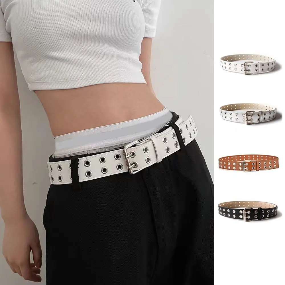 

Punk Double Row Hole Belt Metal Buckle Y2k Style PU Leather Star Waistbands Wide Side Jeans Decor Hip-hop Waist Belt