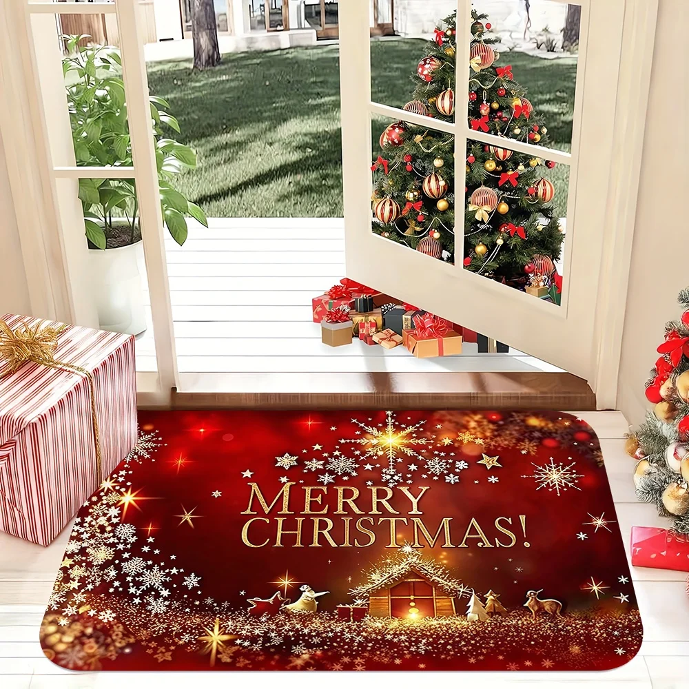 Christmas Holiday Floor Rug Merry Christmas Slogan Snowflakes Stars Nativity Scene Festive Pattern Decor Area Rug for Ornament