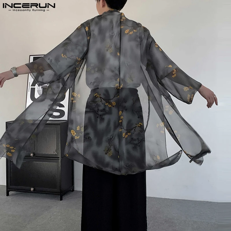 

INCERUN прозрачная мужская рубашка длинная рубашка кардиган топы с цветочным принтом летняя весенняя футболка уличная рубашка с открытой строчкой оверсайз