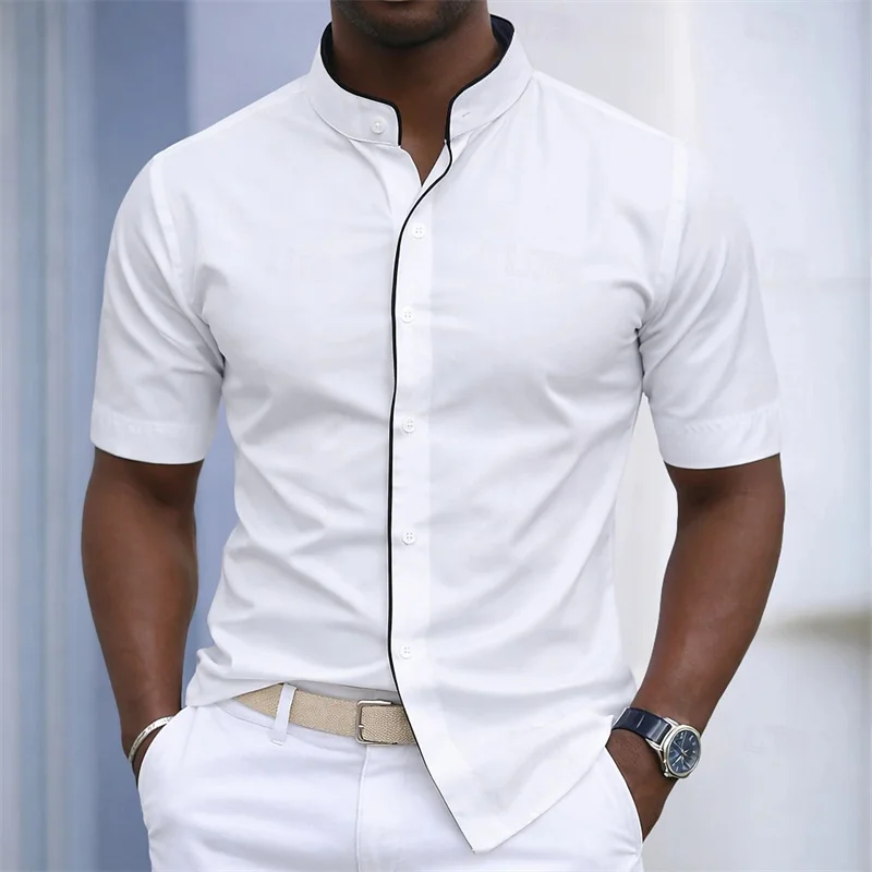 Chemise d'été pour homme à col montant et manches courtes, 20 couleurs, design color block tendance, coupe ajustée, chemise décontractée pour affaires, tailles XS-6XL