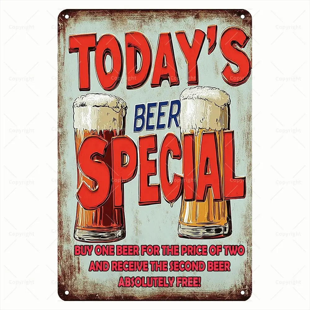 Retro Tin Sign - Today;s Beer Offer: Buy One, Get Second Free! Vintage Metal Sign for Bar, Pub, or Man Cave - Decorative Wall Ar