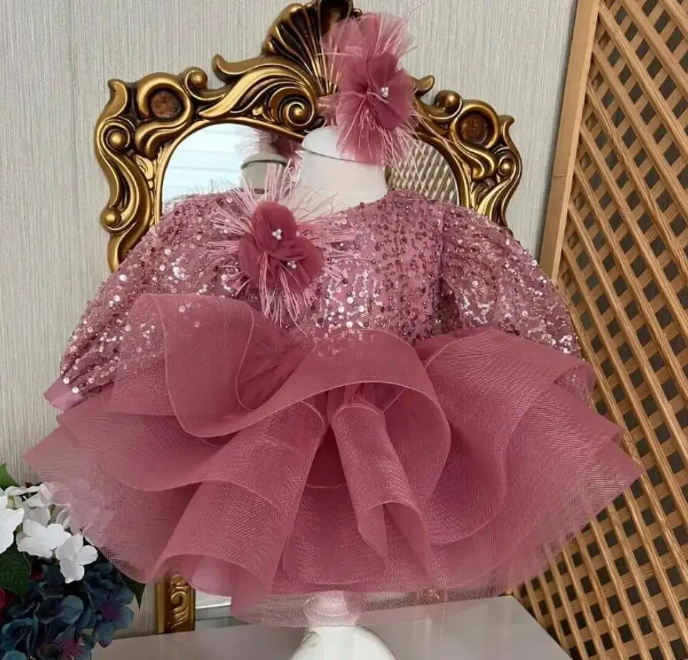 Fancy Pink Tulle Dress Baby Girl Dress Sequined Long Sleeve Toddler Birthday Dress Special Occasion First Communion Gowns