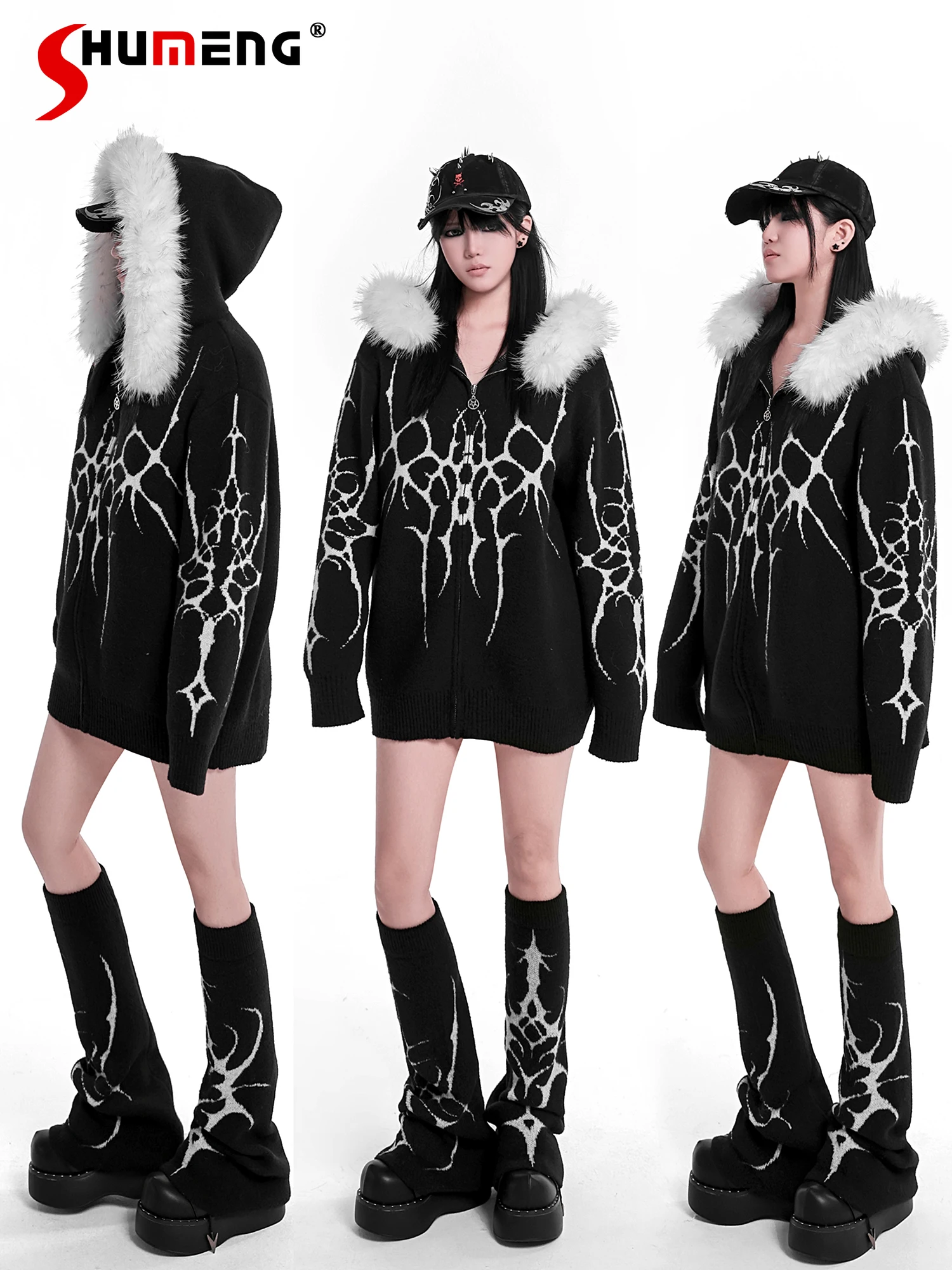 

Original Japanese Punk Subculture Faux Fur Collar Hoodies Loose Casual Versatile Long Sleeve Knitted Cardigan Jacket for Women