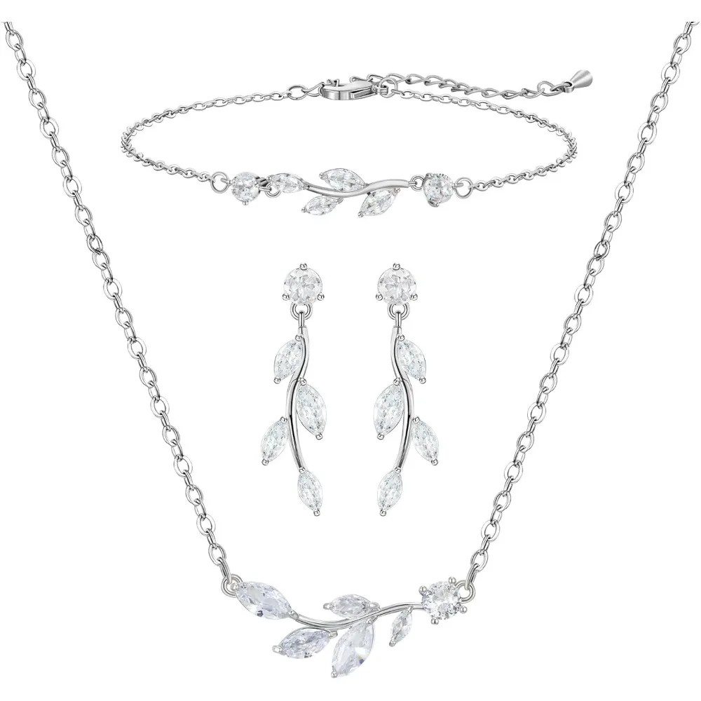 

Bridal Jewelry Set with Cubic Zirconia Leaf Vine Design Earrings Necklace Bracelet for Wedding or Prom