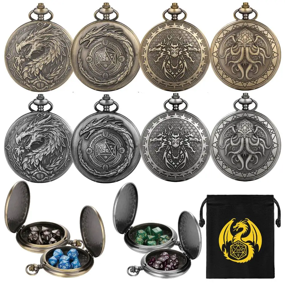 Retro Embossed Dragon/Octopus Pocket Watch Case 7pcs Resin Polyhedral Dice Set Portable Tabletop Role Play Game Storage Case