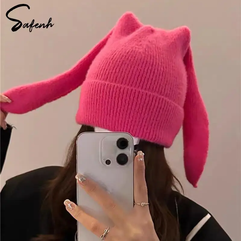 Gorro longo de crochê feminino, chapéu de coelho tricotado, chapéu de coelho, gorro quente, caveiras, inverno