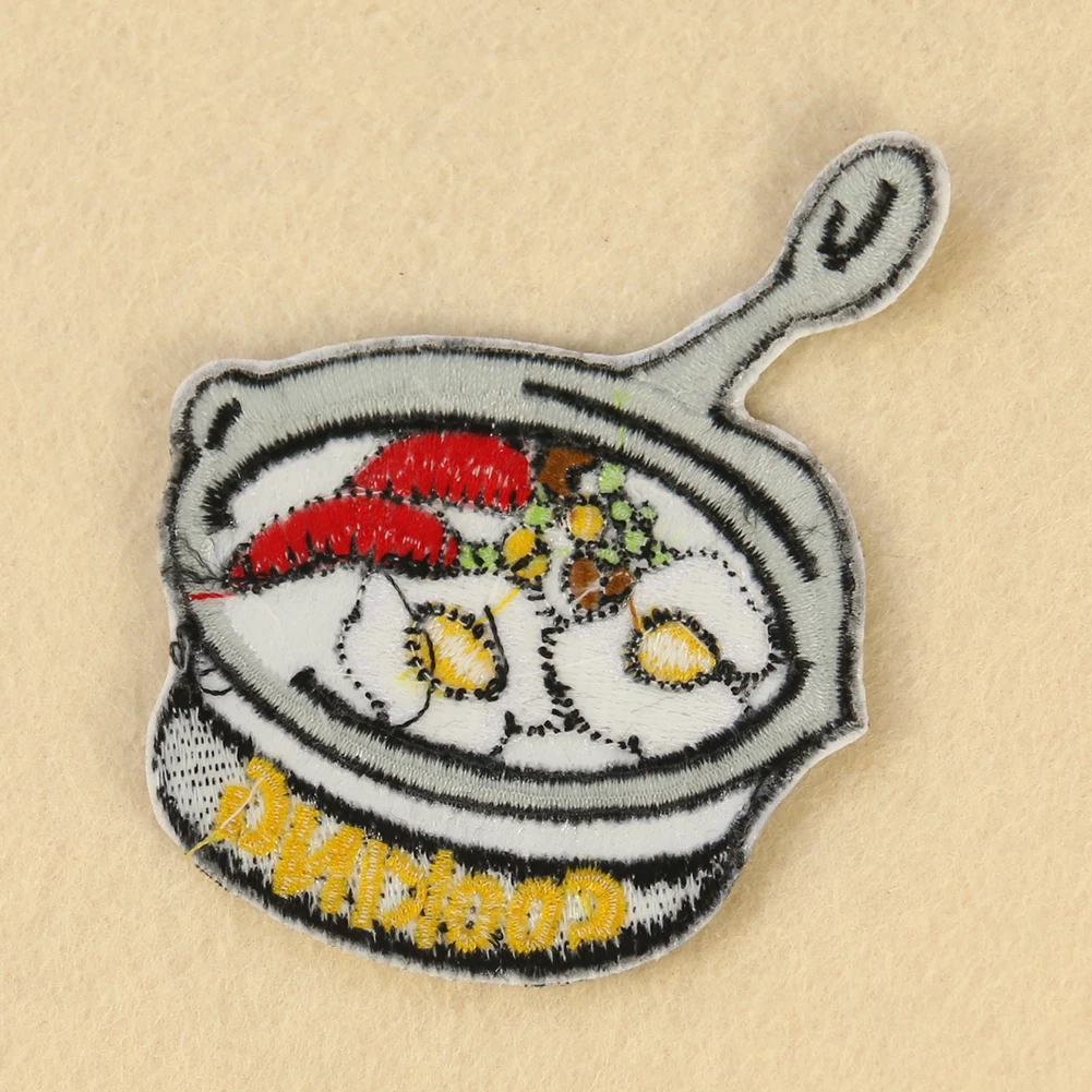 5pcs Cartoon Pan Fried Egg Embroidery Iron on Patches English Word COOKING Fabric Applique DIY Children Clothing Sew Accessories