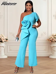 Mlaiscsr 3D Flower One Shoulder Jumpsuit Women Elegant Diagonal Wide Leg Straight Pants Evening Birthday Wedding Party Rompers