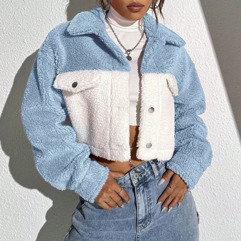 2025 Hot selling New Composite Plush Leisure Splicing Short Thick Collar Coat for Women