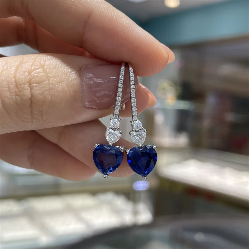 

ZFSILVER Fashion Trendy Classic s925 Silver Cultivated Gem Blue Dangle Heart Earrings For Women Accessories Jewelry Gift E3-0047