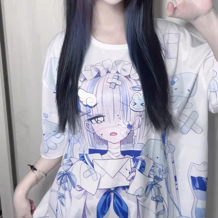 2026 New Dark Harajuku Style Girl Print T-shirt Anime Style Loose Large Size Short Sleeve Suitable for Both Adults and Children