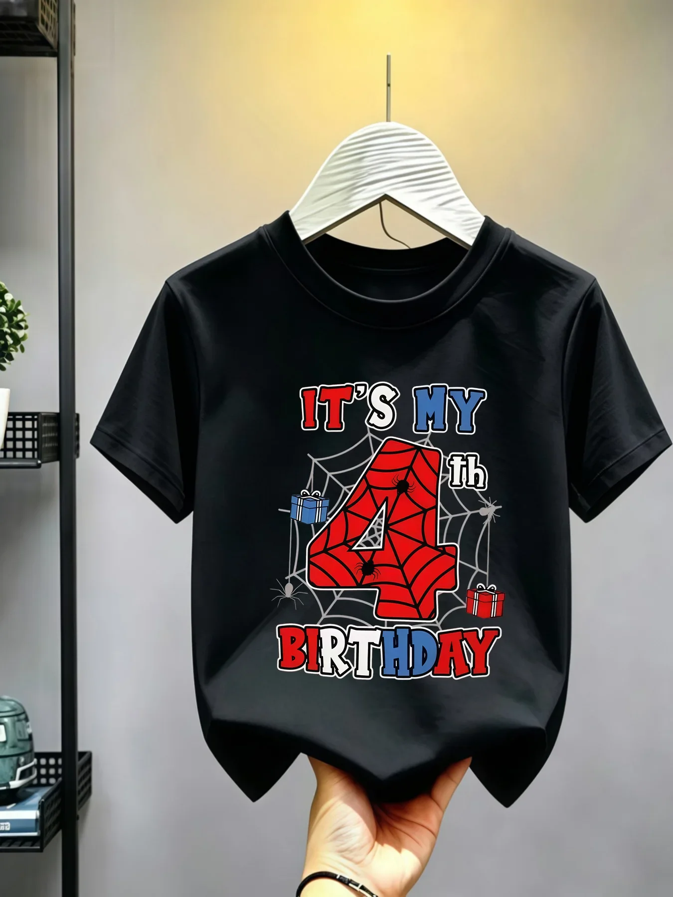 Kids' birthday spider web gift hero print cotton short sleeve T-shirt for boys and girls aged 1-10 for everyday wear ...