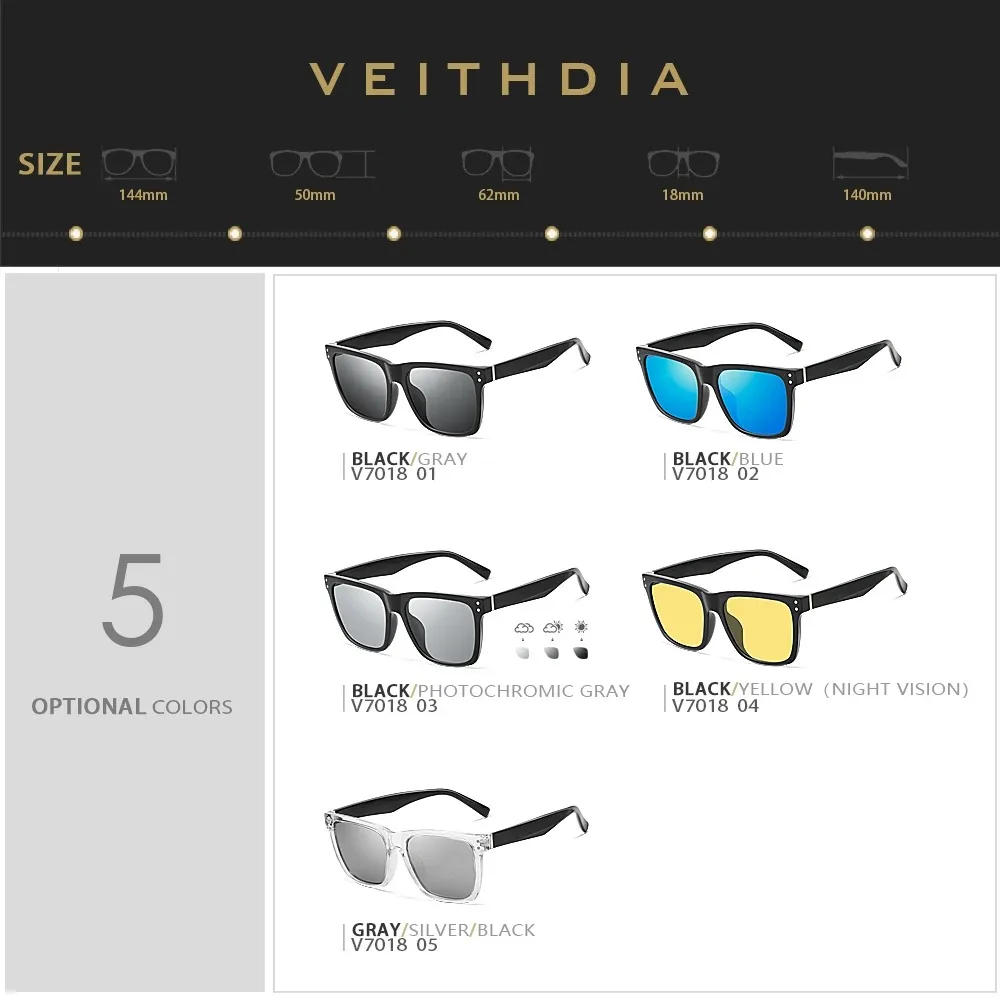 VEITHDIA النظارات الشمسية للجنسين ريترو TR90 مربع اللونية مرآة الاستقطاب UV400 خمر نظارات نظارات شمسية للرجال/النساء V7018