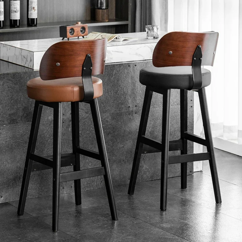 Solid Wood Bar Chair Simple Luxurious Household Leather Retro Leather Bar Chair Backrest High Footed Stool Home Furniture