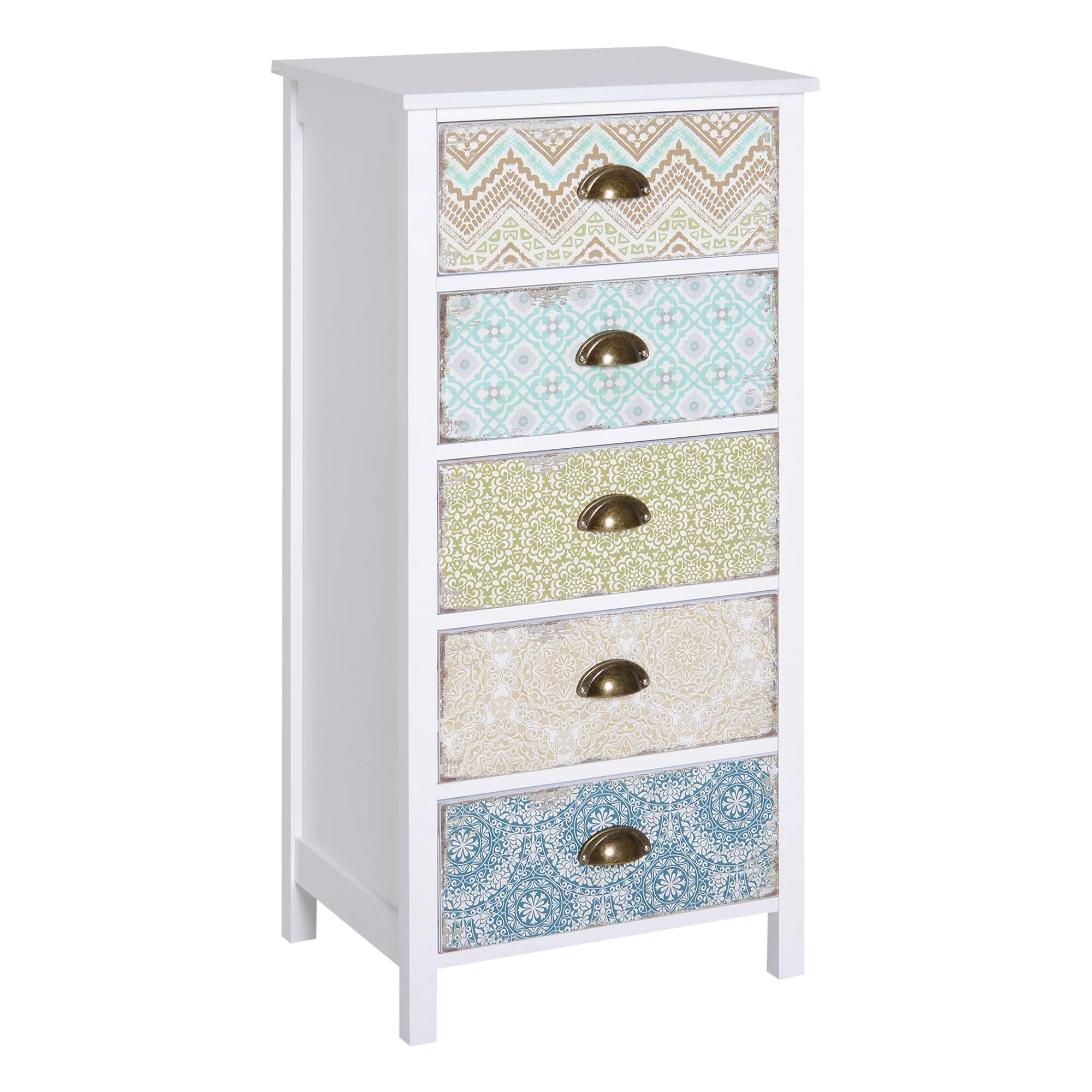 Homcom Commode de chambre à coucher avec 5 tiroirs avec façades imprimées et poignées vintage Commode Meubles pour salon Bureau 46X34X97,5 cm multicolore