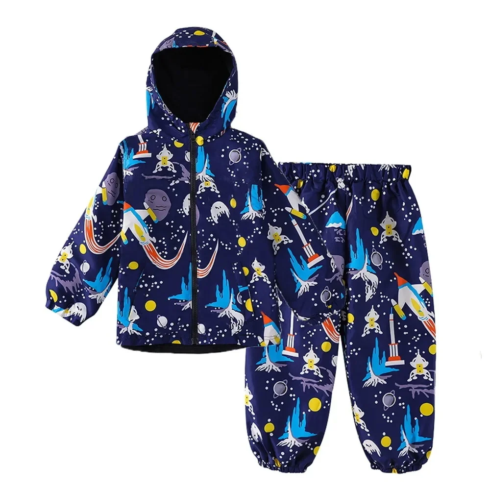 Autumn Winter Fleece Inside Rainwear Sets For Children Cartoon Print Raincoat Boys And Girls Thickened Warm Waterproof Clothing