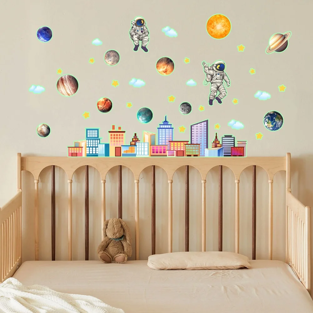 3pcs Glow In The Dark Space City Wall Stickers PVC Self Decals For Bedroom Living Room Home Decor Art