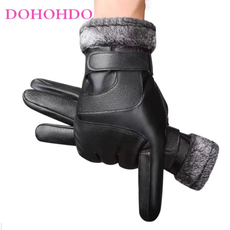 قفازات سوداء للرجال شتوية بالإضافة إلى شاشة لمس مبطنة مخملية غير قابلة للانزلاق دافئة مقاومة للماء ومضادة للرياح لركوب الدراجات النارية قفازات جلدية
