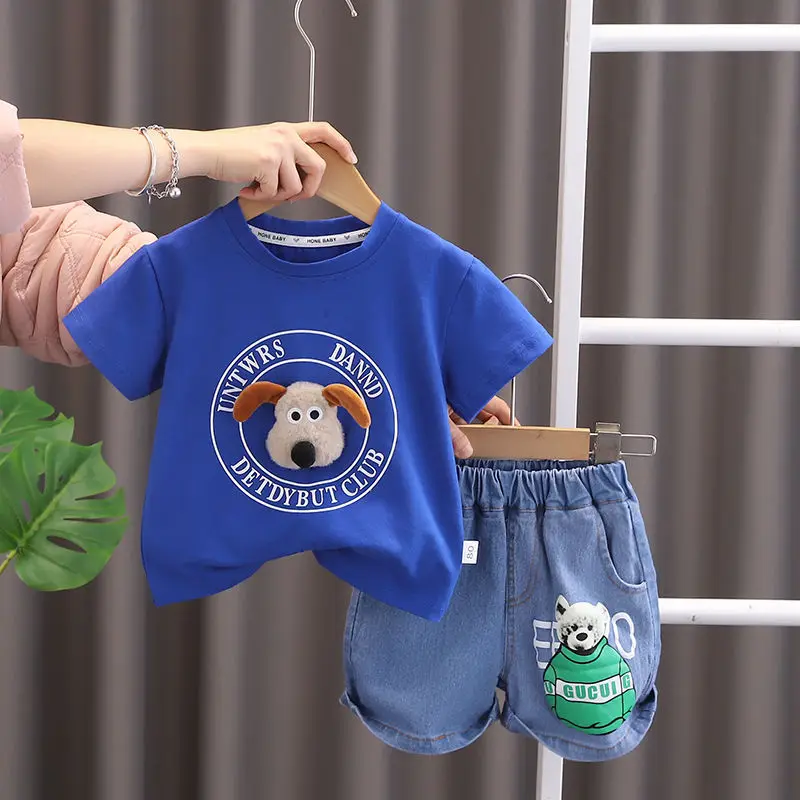 

Детский летний повседневный костюм, детская футболка с собакой для мальчиков и девочек, короткие штаны, 2 шт./компл., костюм для малышей 1, 2, 3, 4, 5 лет