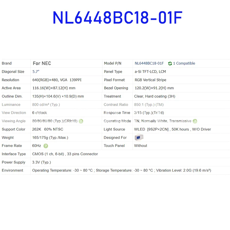 NL6448BC18-01F Painel de tela LCD de 5,7 polegadas original para NEC novo