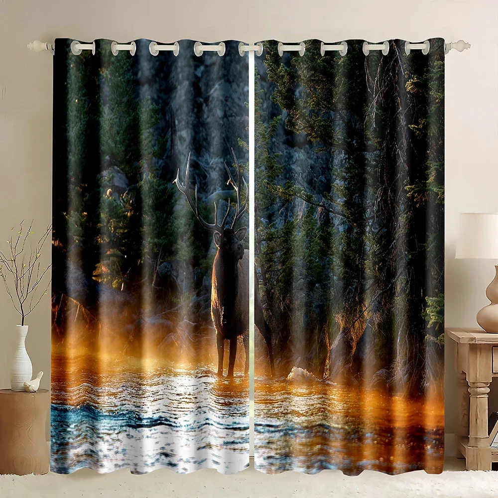 Deer Blackout Curtain,Cute Deer Lost in Foggy Forest Curtains Panels Wildlife Hunting Deer, Wildlife Theme Room Window Curtains