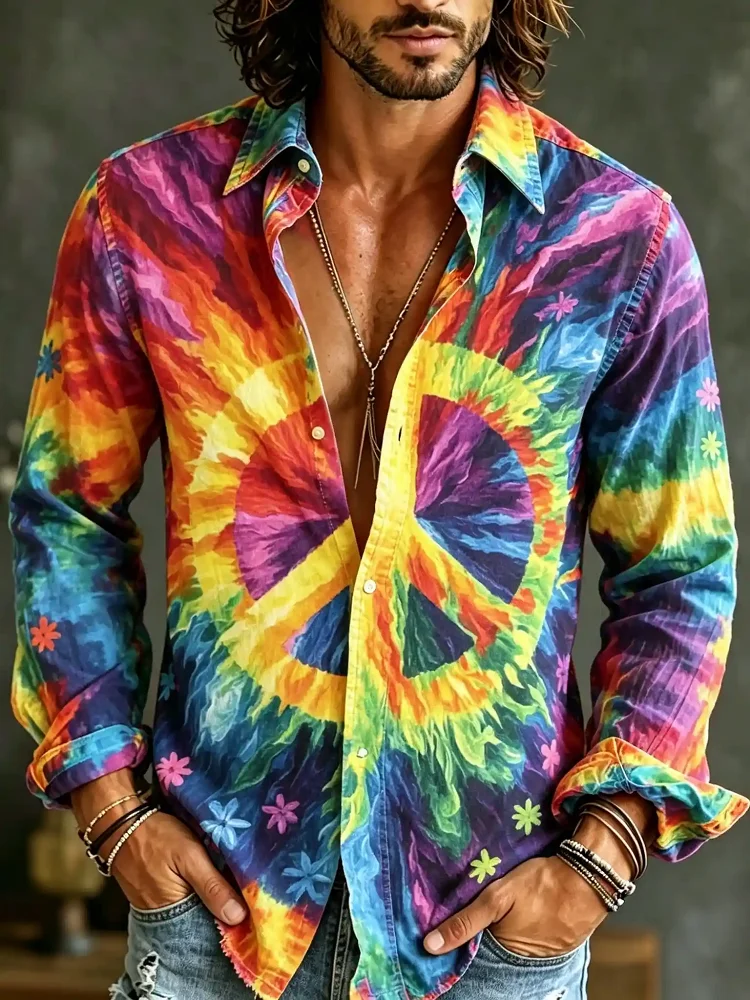 New Vintage Men's Artistic Wildflower Herbal Long Sleeve Shirt in Rice White Same Color Plant Printed Collar Casual Shirt