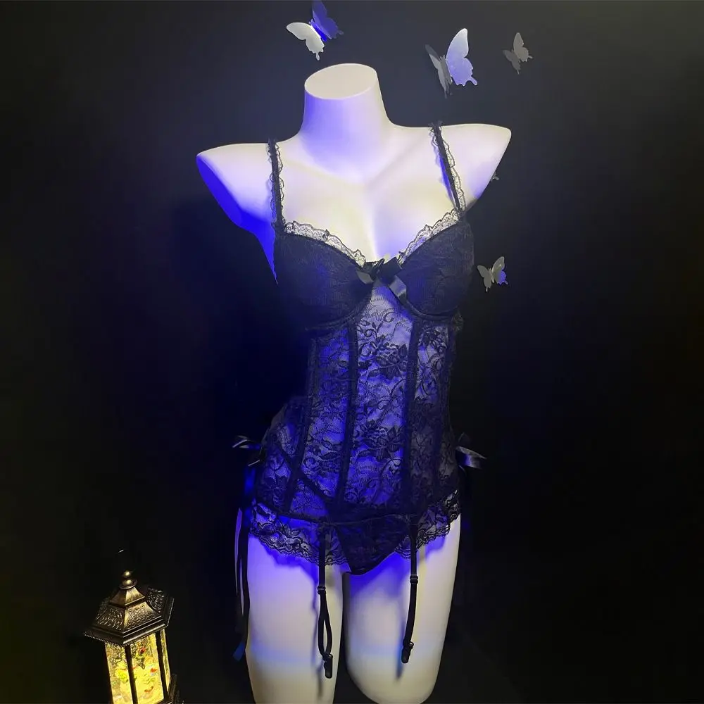 

Fashion Bow Lace Nightgown Transparent Sleeveless Women Lingerie Mesh Nightwear Lace Sling Nightdress Cosplay Party