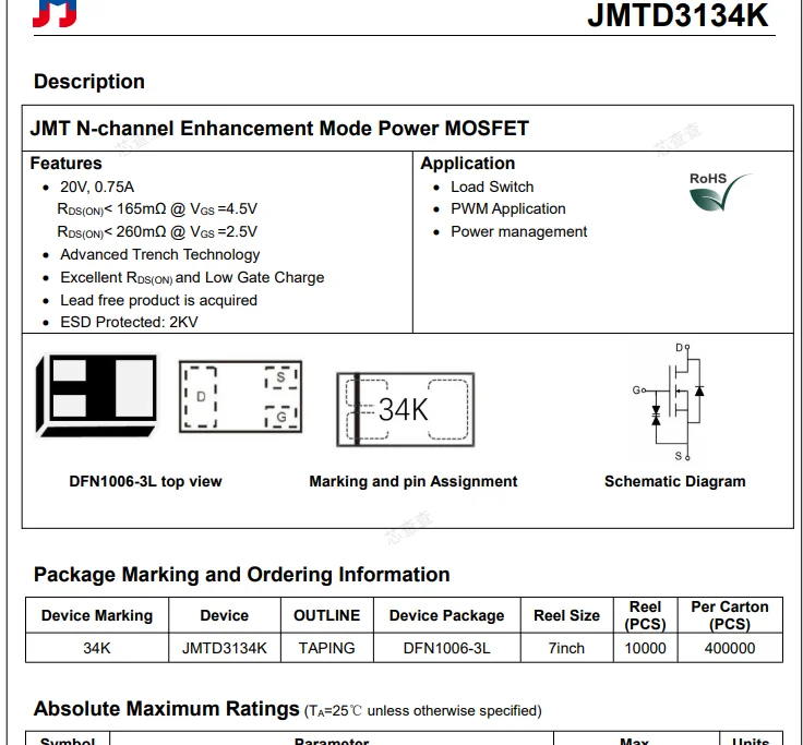 (10 pcs) JMTD3134K DFN1006-3L D3134K - N-Channel MOSFET 20V 0.75A 165mΩ