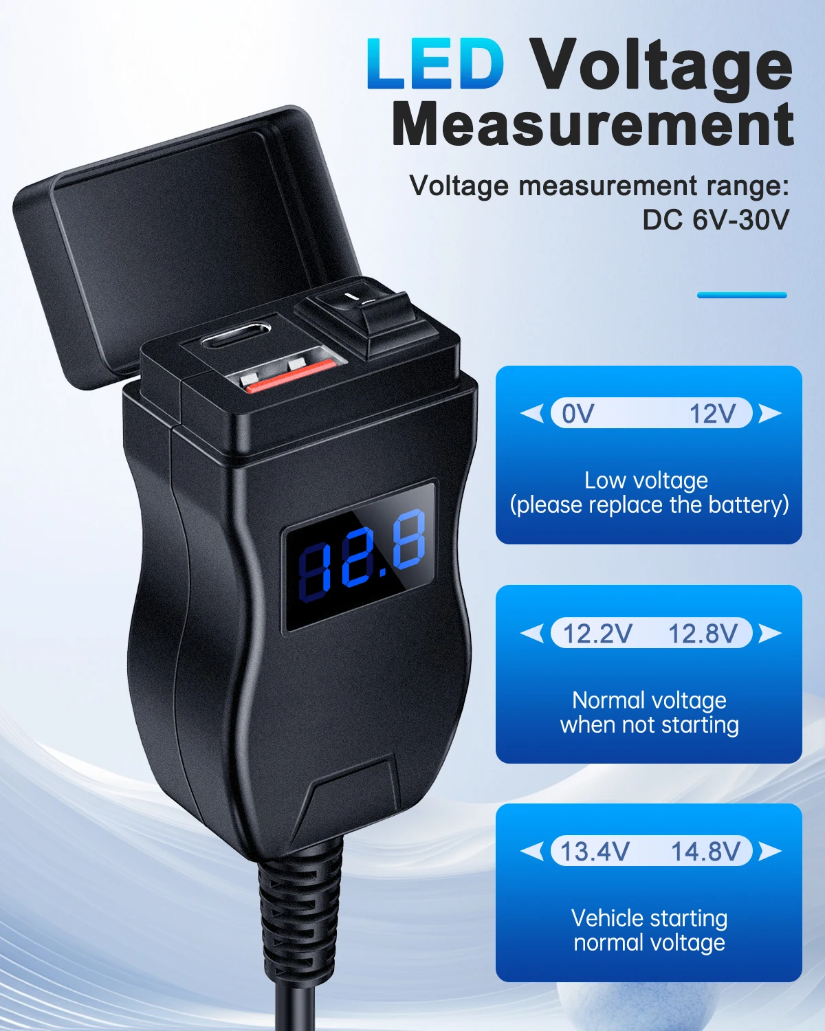 Extractme Motorcycle Charger Dual USB QC3.0 Fast Charger Power Adapter Socket with Switch Waterproof Digital Voltmeter