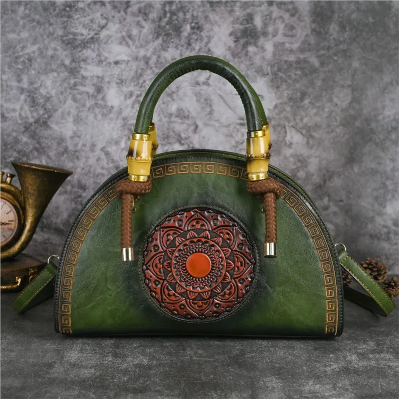 Johnature Vintage Totem Embossed Handbag Versatile Women Leather Bag Large Capacity Leisure Ladies Shoulder & Crossbody Bags